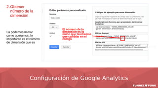 Configuración de Google Analytics
La podemos llamar
como queramos, lo
importante es el número
de dimensión que es
2.Obtener
número de la
dimensión
 