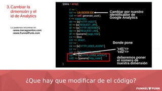 ¿Que hay que modificar de el código?
3.Cambiar la
dimensión y el
id de Analytics
Lo podemos encontrar en
-www.mecagoenlos.com
-www.FunnelPunk.com
 