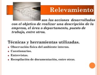 Técnicas y herramientas utilizadas. Observación física del ambiente interno. Cuestionarios. Entrevistas. Recopilación de documentación, entre otras. 
son las acciones desarrolladas con el objetivo de realizar una descripción de la empresa, el área o departamento, puesto de trabajo, entre otros. Relevamiento  