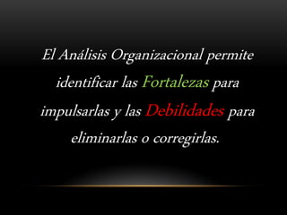 El Análisis Organizacional permite identificar las Fortalezas para impulsarlas y las Debilidades para eliminarlas o corregirlas.  
