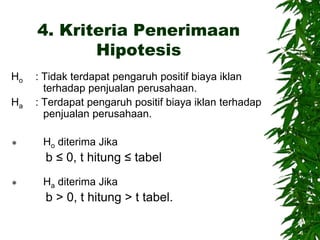 4. Kriteria Penerimaan
Hipotesis
Ho : Tidak terdapat pengaruh positif biaya iklan
terhadap penjualan perusahaan.
Ha : Terdapat pengaruh positif biaya iklan terhadap
penjualan perusahaan.
 Ho diterima Jika
b ≤ 0, t hitung ≤ tabel
 Ha diterima Jika
b > 0, t hitung > t tabel.
 