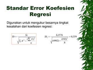 Standar Error Koefesien
Regresi
Digunakan untuk mengukur besarnya tingkat
kesalahan dari koefesien regresi:
n
X
X
Se
Sb




2
2 )
(
359
,
0
8
)
192
(
)
4902
(
1576
,
6
2
1 


Sb
 