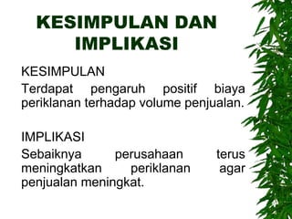 KESIMPULAN DAN
IMPLIKASI
KESIMPULAN
Terdapat pengaruh positif biaya
periklanan terhadap volume penjualan.
IMPLIKASI
Sebaiknya perusahaan terus
meningkatkan periklanan agar
penjualan meningkat.
 