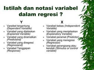 Istilah dan notasi variabel
dalam regresi ?
Y
 Varaibel tergantung
(Dependent Variable)
 Variabel yang dijelaskan
(Explained Variable)
 Variabel yang diramalkan
(Predictand)
 Variabel yang diregresi
(Regressand)
 Variabel Tanggapan
(Response)
X
 Varaibel bebas (Independent
Variable)
 Variabel yang menjelaskan
(Explanatory Variable)
 Variabel peramal (Predictor)
 Variabel yang meregresi
(Regressor)
 Variabel perangsang atau
kendali (Stimulus or control
variable)
 