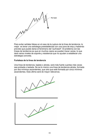Para evitar señales falsas en el caso de la ruptura de la línea de tendencia, lo
mejor es tener una estrategia preestablecida con una zona de stop y habiendo
previsto que puede darse el fenómeno del "pull-back". El problema con las
líneas de tendencia es que en muchos casos se pueden trazar varias, lo que
dará varios niveles de soporte y resistencia que no ayudan a establecer una
estrategia concreta.

Fortaleza de la línea de tendencia

Una línea de tendencia, bajista o alcista, será más fuerte cuantas más veces
sea probada o testada. No es lo mismo una línea de tendencia alcista, formada
por dos mínimos ascendentes, que otra que esté formada por cinco mínimos
ascendentes. Ésta última será de mayor relevancia.




                                       18
 