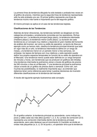La primera línea de tendencia dibujada ha sido testada o probada tres veces en
el gráfico de precios, mientras que la segunda línea de tendencia representada
sólo ha sido probada una vez. El primer gráfico representa una línea de
tendencia mucho más fuerte e importante que la del segundo gráfico.

El mismo principio se aplica en el caso de las tendencias bajistas.

Clasificaciones de las Tendencias

Además de tener direcciones, las tendencias también se desglosan en tres
categorías principales y ampliamente conocidas por los operadores. Dichas
categorías son: La tendencia principal (largo plazo), la tendencia intermedia
(mediano plazo) y la tendencia menor (corto plazo). La duración de cada
tendencia es un concepto muy relativo y depende en gran medida del horizonte
de análisis del inversor, así como su estilo de operativa. La teoría de Dow por
ejemplo como ya hemos visto, clasifica la tendencia principal diciendo que está
en vigor más de un año, la tendencia intermedia la define en un rango de
meses, y la tendencia menor en un periodo menor a tres semanas, sin
embargo, los lapsos de tiempos son muy relativos y cada operador puede
definir sus propios espacios temporales en función de su estilo de operativa en
el Mercado. Una tendencia menor puede estar definida en un rango temporal
de minutos u horas, son tendencias que se producen en gráficos del intraday.
Una tendencia intermedia la podríamos ubicar a través de gráficos de precios
de 240 minutos o días en el Mercado. Y una tendencia principal la podríamos
ubicar a través de un gráfico de precios diario o semanal. Como ven, son
muchas las posibilidades, lo realmente importante aquí, es entender que
debemos tener como referencia para tomar nuestras decisiones de inversión
diferentes clasificaciones en la tendencia del mercado

A través del siguiente ejemplo ilustraremos este concepto:




En el grafico anterior, la tendencia principal es ascendente, como indican los
picos y valles cada vez más altos (puntos 1, 2, 3, 4). La fase de corrección (2-3)
representa una corrección intermedia dentro de la tendencia principal
ascendente, pero cabe destacar que el movimiento 2-3 también se divide en
ondas más pequeñas (a, b, c). En el punto c, el operador diría que la tendencia

                                       19
 