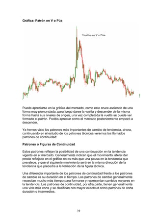 Gráfica: Patrón en V o Púa




Puede apreciarse en la gráfica del mercado, como este cruce asciende de una
forma muy pronunciada, para luego darse la vuelta y descender de la misma
forma hasta sus niveles de origen, una vez completada la vuelta se puede ver
formado el patrón. Podéis apreciar como el mercado posteriormente empezó a
descender.

Ya hemos visto los patrones más importantes de cambio de tendencia, ahora,
continuando en el estudio de los patrones técnicos veremos los llamados
patrones de continuidad:

Patrones o Figuras de Continuidad

Estos patrones reflejan la posibilidad de una continuación en la tendencia
vigente en el mercado. Generalmente indican que el movimiento lateral del
precio reflejado en el gráfico no es más que una pausa en la tendencia que
prevalece, y que el siguiente movimiento será en la misma dirección de la
tendencia que precedía a la formación de la figura técnica.

Una diferencia importante de los patrones de continuidad frente a los patrones
de cambio es su duración en el tiempo. Los patrones de cambio generalmente
necesitan mucho más tiempo para formarse y representan cambios mayores en
la tendencia. Los patrones de continuidad, por otra parte, tienen generalmente
una vida más corta y se clasifican con mayor exactitud como patrones de corta
duración o intermedios.




                                      39
 