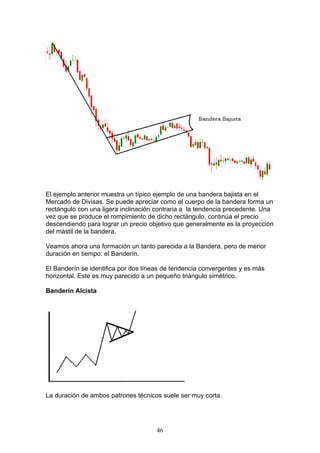 El ejemplo anterior muestra un típico ejemplo de una bandera bajista en el
Mercado de Divisas. Se puede apreciar como el cuerpo de la bandera forma un
rectángulo con una ligera inclinación contraria a la tendencia precedente. Una
vez que se produce el rompimiento de dicho rectángulo, continúa el precio
descendiendo para lograr un precio objetivo que generalmente es la proyección
del mástil de la bandera.

Veamos ahora una formación un tanto parecida a la Bandera, pero de menor
duración en tiempo: el Banderín.

El Banderín se identifica por dos líneas de tendencia convergentes y es más
horizontal. Este es muy parecido a un pequeño triángulo simétrico.

Banderín Alcista




La duración de ambos patrones técnicos suele ser muy corta.




                                      46
 