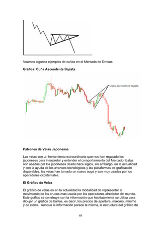 Veamos algunos ejemplos de cuñas en el Mercado de Divisas

Gráfica: Cuña Ascendente Bajista




Patrones de Velas Japonesas

Las velas son un herramienta extraordinaria que nos han regalado los
japoneses para interpretar y entender el comportamiento del Mercado. Estas
son usadas por los japoneses desde hace siglos, sin embargo, en la actualidad
y con la ayuda de los avances tecnológicos y las plataformas de graficación
disponibles, las velas han tomado un nuevo auge y son muy usadas por los
operadores occidentales.

El Gráfico de Velas

El gráfico de velas es en la actualidad la modalidad de representar el
movimiento de los cruces mas usada por los operadores alrededor del mundo.
Este gráfico se construye con la información que habitualmente se utiliza para
dibujar un gráfico de barras, es decir, los precios de apertura, máximo, mínimo
y de cierre. Aunque la información parece la misma, la estructura del gráfico de


                                      49
 