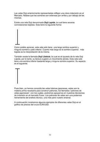 Las velas Doji anteriormente representadas reflejan una clara indecisión en el
Mercado. Nótese que las sombras son extensas por arriba y por debajo de las
mismas.

Existe una vela Doji denominada Doji Lapida, la cual tiene severas
connotaciones bajistas. Esta tiene la siguiente forma:




Como podéis apreciar, esta vela solo tiene una larga sombra superior y
ninguna sombra o pelo inferior. Cuanto más larga es la sombra superior, más
bajista es la interpretación de la misma.

También existe la llamada Doji Libélula, la cual es el opuesto de la vela Doji
Lápida, por lo tanto, su lectura sugiere un movimiento alcista. Esta vela solo
tiene una sombra inferior bastante larga y ninguna sombra superior. Su aspecto
es el siguiente:




Pues bien, ya hemos conocido las velas básicas japonesas, estas son la
materia prima necesaria para construir patrones, los llamados “patrones de
velas japonesas”, con los cuales, podremos apoyarnos en nuestras decisiones
de inversión en el mercado Forex. Los patrones de velas son una poderosa
herramienta del análisis técnico, una más para nuestro arsenal.

A continuación mostramos algunos ejemplos de diferentes velas Doji en el
gráfico de precios del cruce EUR/USD.




                                      53
 
