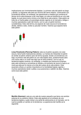 implicaciones son inminentemente bajistas. La primera vela del patrón es larga
y alcista. La siguiente vela abre por encima del cierre anterior, continuando con
la tendencia alcista, sin embargo, las operaciones a medida que comienza el
tiempo de la vela empiezan a ser mas bajas y la vela se transforma en una vela
bajista, la cual cierra como mínimo a la mitad de la vela anterior. Este patrón se
trata de un fuerte golpe a la psicología alcista vigente en el mercado y obliga a
muchos operadores a salir del mismo, con lo cual, el patrón termina
cumpliéndose. Esta vela forma una especie de nube oscura en la tendencia
alcista, debido a esto, recibe su peculiar nombre. Veamos que aspecto tiene
este patrón:




Línea Penetrante (Piercing Pattern): este es el patrón opuesto a la nube
oscura, tiene fuerte implicaciones alcistas. La manera de interpretar el patrón
es similar al patrón anterior pero de forma opuesta. Existe una tendencia a la
baja, la primera vela del patrón es una vela bajista clara, posteriormente abre
una nueva vela a un nivel mas bajo que el cierre anterior, con lo cual, la
tendencia bajista continúa, sin embargo, a medida que transcurre el tiempo,
esta vela comienza a convertirse en alcista y al momento de cerrar lo hace a un
nivel que esta por lo menos a la mita del cuerpo de la vela anterior. Este
escenario ofrece un cambio importante en la mentalidad bajista vigente y
muchos operadores darán vueltas a sus posiciones o saldrán de ellas. Veamos
como luce este patrón:




Martillo (Hammer): esta es una vela de cuerpo pequeño que tiene una sombra
extensa en su extremo inferior. Esta vela aparece en el contexto de una
tendencia bajista y suele indicar una señal de sobreventa en el mercado, con lo
cual es posible un cambio en la tendencia. La apariencia del martillo es la
siguiente:


                                        55
 