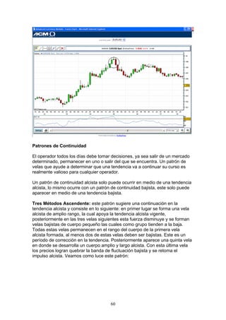 Patrones de Continuidad

El operador todos los días debe tomar decisiones, ya sea salir de un mercado
determinado, permanecer en uno o salir del que se encuentra. Un patrón de
velas que ayude a determinar que una tendencia va a continuar su curso es
realmente valioso para cualquier operador.

Un patrón de continuidad alcista solo puede ocurrir en medio de una tendencia
alcista, lo mismo ocurre con un patrón de continuidad bajista, este solo puede
aparecer en medio de una tendencia bajista.

Tres Métodos Ascendente: este patrón sugiere una continuación en la
tendencia alcista y consiste en lo siguiente: en primer lugar se forma una vela
alcista de amplio rango, la cual apoya la tendencia alcista vigente,
posteriormente en las tres velas siguientes esta fuerza disminuye y se forman
velas bajistas de cuerpo pequeño las cuales como grupo tienden a la baja.
Todas estas velas permanecen en el rango del cuerpo de la primera vela
alcista formada, al menos dos de estas velas deben ser bajistas. Este es un
período de corrección en la tendencia. Posteriormente aparece una quinta vela
en donde se desarrolla un cuerpo amplio y largo alcista. Con esta última vela
los precios logran quebrar la banda de fluctuación bajista y se retoma el
impulso alcista. Veamos como luce este patrón:




                                      60
 