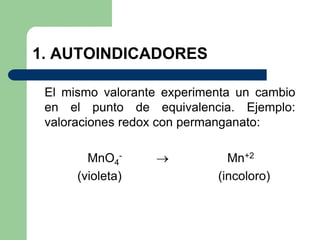 1. AUTOINDICADORES
El mismo valorante experimenta un cambio
en el punto de equivalencia. Ejemplo:
valoraciones redox con permanganato:
MnO4
-  Mn+2
(violeta) (incoloro)
 