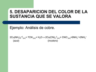 5. DESAPARICION DEL COLOR DE LA
SUSTANCIA QUE SE VALORA
Ejemplo: Análisis de cobre.
2Cu(NH3)4
+2
(ac)+ 7CN-
(ac)+ H2O 2Cu(CN)3
-2
(ac)+ CNO-
(ac)+6NH3
++2NH4
+
(azul) (incoloro)
 