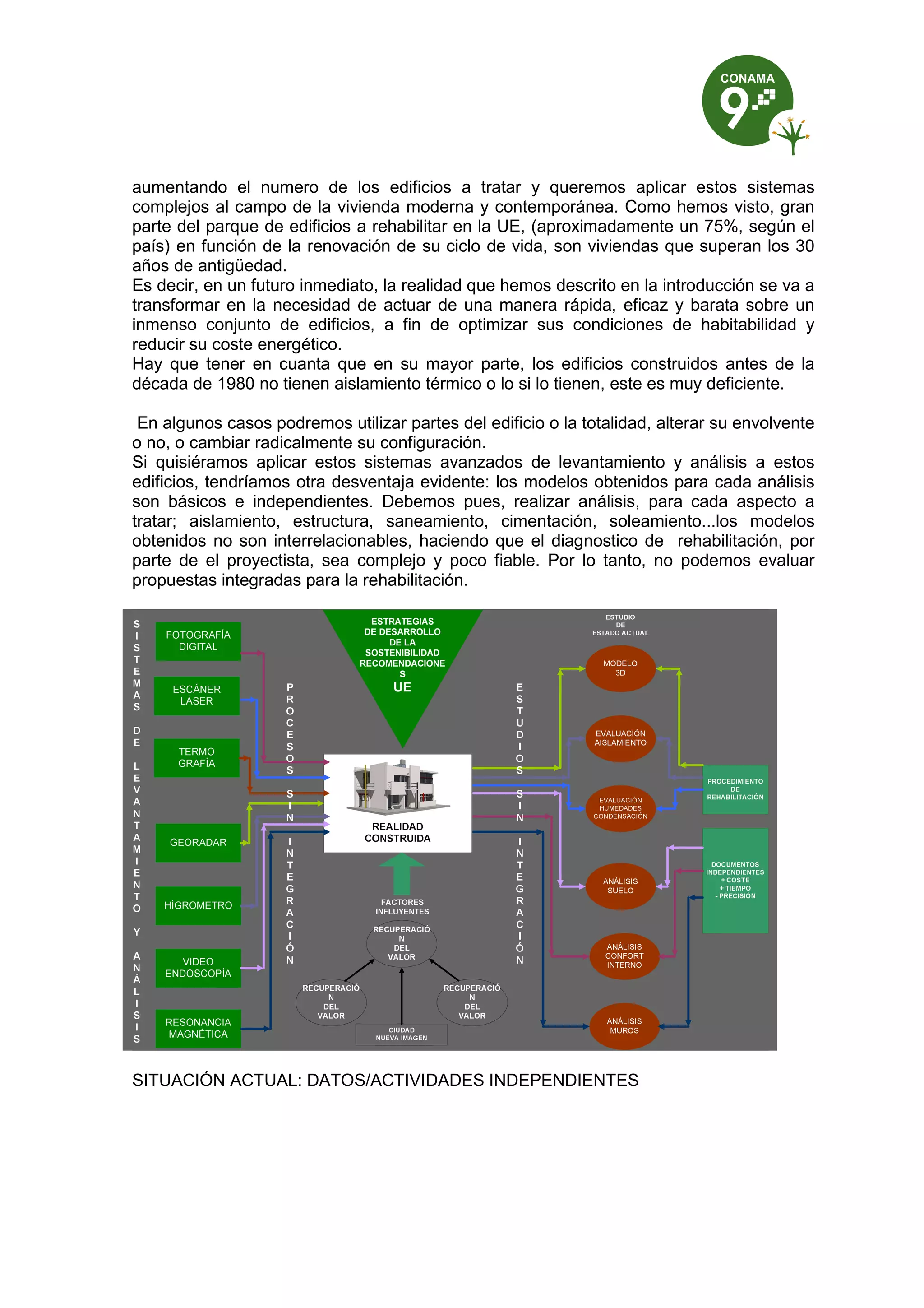 aumentando el numero de los edificios a tratar y queremos aplicar estos sistemas
complejos al campo de la vivienda moderna y contemporánea. Como hemos visto, gran
parte del parque de edificios a rehabilitar en la UE, (aproximadamente un 75%, según el
país) en función de la renovación de su ciclo de vida, son viviendas que superan los 30
años de antigüedad.
Es decir, en un futuro inmediato, la realidad que hemos descrito en la introducción se va a
transformar en la necesidad de actuar de una manera rápida, eficaz y barata sobre un
inmenso conjunto de edificios, a fin de optimizar sus condiciones de habitabilidad y
reducir su coste energético.
Hay que tener en cuanta que en su mayor parte, los edificios construidos antes de la
década de 1980 no tienen aislamiento térmico o lo si lo tienen, este es muy deficiente.
En algunos casos podremos utilizar partes del edificio o la totalidad, alterar su envolvente
o no, o cambiar radicalmente su configuración.
Si quisiéramos aplicar estos sistemas avanzados de levantamiento y análisis a estos
edificios, tendríamos otra desventaja evidente: los modelos obtenidos para cada análisis
son básicos e independientes. Debemos pues, realizar análisis, para cada aspecto a
tratar; aislamiento, estructura, saneamiento, cimentación, soleamiento...los modelos
obtenidos no son interrelacionables, haciendo que el diagnostico de rehabilitación, por
parte de el proyectista, sea complejo y poco fiable. Por lo tanto, no podemos evaluar
propuestas integradas para la rehabilitación.
SITUACIÓN ACTUAL: DATOS/ACTIVIDADES INDEPENDIENTES
 