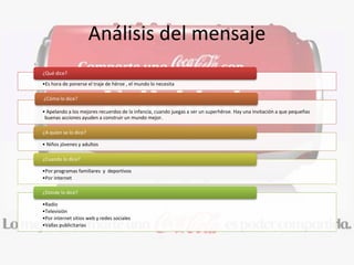 Análisis del mensaje
•Es hora de ponerse el traje de héroe , el mundo lo necesita
¿Qué dice?
• Apelando a los mejores recuerdos de la infancia, cuando juegas a ser un superhéroe. Hay una invitación a que pequeñas
buenas acciones ayuden a construir un mundo mejor.
¿Cómo lo dice?
• Niños jóvenes y adultos
¿A quien se lo dice?
•Por programas familiares y deportivos
•Por internet
¿Cuando lo dice?
•Radio
•Televisión
•Por internet sitios web y redes sociales
•Vallas publicitarias
¿Dónde lo dice?
 