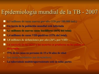 Epidemiología mundial de la TB - 2007 ,[object Object],[object Object],[object Object],[object Object],[object Object],[object Object],[object Object],[object Object],[object Object]