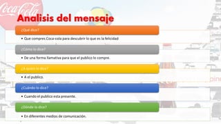 Analisis del mensaje
• Que compres Coca-cola para descubrir lo que es la felicidad
¿Qué dice?
• De una forma llamativa para que el publico lo compre.
¿Cómo lo dice?
• A el publico.
¿A quien lo dice?
• Cuando el publico esta presente.
¿Cuándo lo dice?
• En diferentes medios de comunicación.
¿Dónde lo dice?
 