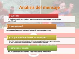 Análisis del mensaje
¿Qué es?
¿para quien es?
¿con que propósito se creo esta campaña?
¿por quienes se creo?
Un producto creado para ayudar a sus clientes a saborear calidad y al mismo tiempo
accesibilidad.
Para toda aquella persona que desee bebidas de buen sabor y prestigio
Con el fin de alimentar la imaginación de las personas y hacerles saber que en esos días
de calor hay algo que ayuda a retenerlo y al mismo tiempo te divierte
Por los fundadores de la empresa junto con su equipo especializado.
 
