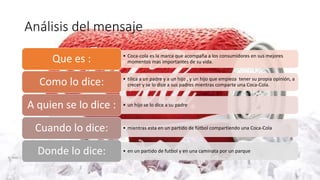 Análisis del mensaje
• Coca-cola es la marca que acompaña a los consumidores en sus mejores
momentos mas importantes de su vida.Que es :
• tilica a un padre y a un hijo , y un hijo que empieza tener su propia opinión, a
crecer y se lo dice a sus padres mientras comparte una Coca-Cola.Como lo dice:
• un hijo se lo dice a su padreA quien se lo dice :
• mientras esta en un partido de fútbol compartiendo una Coca-ColaCuando lo dice:
• en un partido de futbol y en una caminata por un parqueDonde lo dice:
 