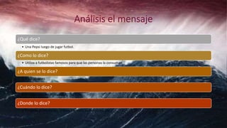 ¿Qué dice?
• Una Pepsi luego de jugar futbol.
¿Como lo dice?
• Utiliza a futbolistas famosos para que las personas la consuman
¿A quien se lo dice?
• A los jóvenes
¿Cuándo lo dice?
• En este caso en el mundial
¿Donde lo dice?
• En vallas publicitarias, videos, carteles, comerciales, etc.
 