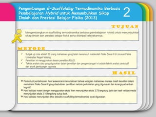 2
Pengembangan E-Scaffolding Termodinamika Berbasis
Pembelajaran Hybrid untuk Menumbuhkan Sikap
Ilmiah dan Prestasi Belajar Fisika (2013)
Tujuan
METODE
Mengembangkan e-scaffolding termodinamika berbasis pembelajaran hybrid untuk menumbuhkan
sikap ilmiah dan prestasi belajar fisika serta diskripsi kelayakannya.
 Subjek uji coba adalah 20 orang mahasiswa yang telah menempuh matakuliah Fisika Dasar II di Jurusan Fisika
Universitas Negeri Malang
 Penelitian ini menggunakan desain penelitian R & D.
 Teknik analisis data yang digunakan dalam penelitian dan pengembangan ini adalah teknik analisis deskriptif
dan teknik perhitungan rata-rata
 Pada studi pendahuluan, hasil wawancara menunjukkan bahwa sebagian mahasiswa merasa masih kesulitan dalam
memahami Fisika Dasar II yang disebabkan pemilihan metode perkuliahan yang digunakan dan kurangnya bantuan
kognitif.
 Hasil validasi materi dengan menggunakan skala likert menunjukkan skala 3,78 tergolong baik dan hasil validasi media
menunjukkan skala 3,16 tergolong cukup baik.
 Hasil validasi menunjukkan bhw website e-scaffolding termodinamika layak digunakan.
 