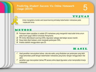 5Predicting Student Success Via Online Homework
Usage (2014)
Tujuan
METODE
Untuk mengetahui korelai web based-learning terhadap keberhasilan mahasiswa pada
matakuliah kimia
 Partisipan dalam penelitian ini adalah 870 mahasiswa yang mengambil mata kuliah kimia umum
pada musim gugur 2009 di University Pensylvania.
 PR Online Web-Based Learning (OWL) digunakan sebagai alat belajar secara mandiri.
 Siswa tidak diberi batasan untuk menjawab pertanyaan OWL.
 Analisis statistik menggunakan spss 20.
 Hasil penelitian menunjukkan bahwa rata-rata waktu yang dihabiskan per pertanyaan yang lebih
tinggi berkorelasi positif dengan keberhasilan mahasiswa yang diukur dengan menggunakan nilai
akhir.
 penelitian juga menunjukkan bahwa PR secara online dapat digunakan untuk memprediksi kinerja
mahasiswa
 