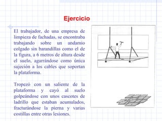 El trabajador, de una empresa de
limpieza de fachadas, se encontraba
trabajando sobre un andamio
colgado sin barandillas como el de
la figura, a 6 metros de altura desde
el suelo, agarrándose como única
sujeción a los cables que soportan
la plataforma.
Tropezó con un saliente de la
plataforma y cayó al suelo
golpeándose con unos cascotes de
ladrillo que estaban acumulados,
fracturándose la pierna y varias
costillas entre otras lesiones.
Ejercicio
 