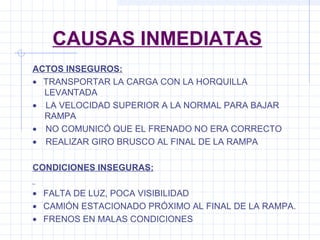 CAUSAS INMEDIATAS
ACTOS INSEGUROS:
•   TRANSPORTAR LA CARGA CON LA HORQUILLA
LEVANTADA
•    LA VELOCIDAD SUPERIOR A LA NORMAL PARA BAJAR
RAMPA
•    NO COMUNICÓ QUE EL FRENADO NO ERA CORRECTO
•    REALIZAR GIRO BRUSCO AL FINAL DE LA RAMPA
CONDICIONES INSEGURAS:
•   FALTA DE LUZ, POCA VISIBILIDAD
•   CAMIÓN ESTACIONADO PRÓXIMO AL FINAL DE LA RAMPA.
•   FRENOS EN MALAS CONDICIONES
 