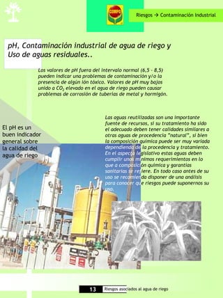 Riesgos      Contaminación Industrial




 pH, Contaminación industrial de agua de riego y
 Uso de aguas residuales..
            Los valores de pH fuera del intervalo normal (6,5 – 8,5)
            pueden indicar una problemas de contaminación y/o la
            presencia de algún ión tóxico. Valores de pH muy bajos
            unido a CO2 elevado en el agua de riego pueden causar
            problemas de corrosión de tuberías de metal y hormigón.



                                        Las aguas reutilizadas son una importante
                                        fuente de recursos, si su tratamiento ha sido
El pH es un                             el adecuado deben tener calidades similares a
buen indicador                          otras aguas de procedencia “natural”, si bien
general sobre                           la composición química puede ser muy variada
la calidad del                          dependiendo de la procedencia y tratamiento.
agua de riego                           En el aspecto legislativo estas aguas deben
                                        cumplir unos mínimos requerimientos en lo
                                        que a composición química y garantías
                                        sanitarias se refiere. En todo caso antes de su
                                        uso se recomienda disponer de una análisis
                                        para conocer que riesgos puede suponernos su
                                        uso.




                                  13    Riesgos asociados al agua de riego
 