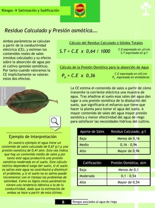 Riesgos               Salinización y Sodificación




            Residuo Calculado y Presión osmótica….
       Ambos parámetros se calculan                         Cálculo del Residuo Calculado o Sólidos Totales
       a partir de la conductividad
       eléctrica (CE), y estiman los                                                               C.E expresado en µS/cm
       contenidos reales de sales
                                                       S.T = C.E x 0,64 / 1000                       S.T expresado en g/l
       (residuo calculado) y su efecto
       sobre la absorción de agua por
       el cultivo (presión osmótica).                  Cálculo de la Presión Osmótica para la absorción de Agua
       Por tanto cuando valoramos la
       CE implícitamente se valoran                                                           C.E expresado en mS/cm
                                                        Po = C.E x 0,36                     Po expresado en atmósferas
       estos dos efectos.

                                                             La CE estima el contenido de sales a partir de cómo
Déficit hídrico en
      Rododendro




                                                             transmite la corriente eléctrica una muestra de
                                                             agua. Tras añadirse al suelo esas sales del agua dan
                                                             lugar a una presión osmótica de la disolución del
                                                             suelo, que significaría el esfuerzo que tiene que
                                                             hacer la planta para tomar el agua del suelo. A
                                                             mayor contenido de sales del agua mayor presión
                                                             osmótica y menor efectividad del agua de riego
                                                             para satisfacer las necesidades hídricas del cultivo.

                                                                   Aporte de Sales         Residuo Calculado, g/l
                     Ejemplo de Interpretación                     Bajo                            Menos de 0,16
         En nuestro ejemplo el agua tiene un
                                                                   Medio                            0,16 – 0,96
   contenido de sales calculado de 0,67 g/l y una
   presión osmótica de 0,41 atm. Esto nos indica                   Alto                            Mayor de 0,96
     que hay un contenido medio de sales y por
        tanto este agua produciría una presión
    osmótica moderada en el suelo. Este cálculo                       Calificación         Presión Osmótica, atm
   teórico dependerá luego del suelo, si el suelo
   es salino este agua no contribuirá a disminuir                  Baja                            Menos de 0,1
    el problema, y si el suelo no es salino puede
    incrementar con el tiempo los problemas de                     Moderada                          0,1 – 0,54
     salinidad. Como es lógico estos parámetros                    Alta                            Mayor de 0,54
       tienen una tendencia idéntica a la de la
      conductividad, dado que la estimación de
        ambas se hace a partir de esta última.


                                                        6     Riesgos asociados al agua de riego
 