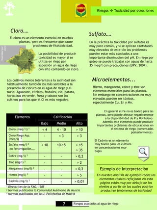 Riesgos      Toxicidad por otros iones




                      Cloro….
                                                                                   Sulfato….
                     El cloro es un elemento esencial en muchas
                            plantas, pero es frecuente que cause                    En la práctica la toxicidad por sulfatos es
                                      problemas de fitotoxicidad.                   muy poco común, y si se aplican cantidades
         cloro
Toxicidad por




                                                                                    muy elevadas de este ión los problemas
                                               La posibilidad de producir           pueden estar más asociados a una
                                               toxicidad es mayor si se             importante disminución del pH. En riego por
                                               utiliza en riego por                 goteo se puede trabajar con aguas de hasta
                                               aspersión un agua de riego           35 meq/l con precauciones (UPV, 2004).
                                               con alto contenido en cloro.


                 Los cultivos menos tolerantes a la salinidad son                     Microelementos...
                 habitualmente también los más sensibles a la
                 presencia de cloruro en el agua de riego y el                        Hierro, manganeso, cobre y zinc son
                 suelo. Aguacate, cítricos, frutales, vid, patata,                    elemento esenciales para las plantas.
                 hortalizas en verde, fresa y tabaco son los                          Sin embargo en concentraciones no muy
                 cultivos para los que el Cl es más negativo.                         elevadas pueden ser tóxicos,
                                                                                      especialmente Cu, Zn y Mn.

                                                                                               En general el Fe no es tóxico para las
                                                                                         plantas, pero puede afectar negativamente
                          Elemento                       Calificación                          a la disponibilidad de P y Molibdeno.
                                                                                              Además este elemento puede producir
                                                Bajo       Medio          Alto
                                                                                          importantes problemas de obturaciones en
                     Cloro (meq/ l) 1            <4        4 - 10        > 10                       el sistema de riego (comentadas
                                                                                                                    posteriormente).
                     Cloro Riego Asp.             -          <3           >3
                     (meq/l) 1
                                                                                        El Cadmio es un elemento
                     Sulfato meq/l     2
                                                < 10       10-15         > 15           muy tóxico para los cultivos
                      en fertirrigación....                                             en concentraciones muy
                                                                         > 35           bajas
                     Cobre (mg/l) 3               -           -          > 0,2
                     Zinc (mg/l)   3
                                                  -           -           >2
                     Manganeso (mg/l)      3
                                                  -           -          > 0,2              Ejemplo de Interpretación
                     Hierro (mg/l) 3              -           -           >5             En nuestro análisis de ejemplo todos los
                                       3
                                                                                          elementos tóxicos reflejados en esta
                     Cadmio (mg/l)                -           -         > 0,01             página están muy por debajo de los
                 1 Directrices de la FAO, 1985                                            niveles a partir de los cuales podrían
                 2 Normas publicadas la Comunidad Autónoma de Murcia                       producirse fenómenos de toxicidad
                 3 Normas publicadas por la U. Politécnica de Madrid




                                                                  7     Riesgos asociados al agua de riego
 