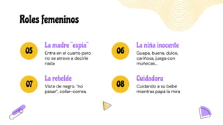 Roles femeninos
05 06
07 08
Cuidadora
Cuidando a su bebé
mientras papá la mira
La niña inocente
Guapa, buena, dulce,
cariñosa, juega con
muñecas…
La madre “espía”
Entra en el cuarto pero
no se atreve a decirle
nada
La rebelde
Viste de negro, “no
pasar”, collar-correa,
 