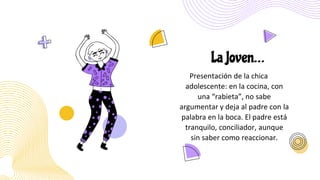 La Joven…
Presentación de la chica
adolescente: en la cocina, con
una “rabieta”, no sabe
argumentar y deja al padre con la
palabra en la boca. El padre está
tranquilo, conciliador, aunque
sin saber como reaccionar.
 