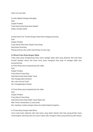 Ayah cium pipi Idah
iii) kata Adjektif sebagai pelengkap
Ayat
Subjek Predikat
Frasa Nama Kata Kerja Kata Adjektif
Dadku menjadi sebak
b) Kata Kerja Tak Transitif dengan Kata Nama sebagai penerang
Ayat
Subjek Predikat
Frasa Nama Kata bantu Aspek Frasa Kerja
Kata Kerja Penerang
Petang esoknya aku sudah siap berbaju kurung ungu
4.2 Binaa Frasa Kerja dengan Objek
Frasa kerja yang mengandungi frasa nama sebagai objek ialah yang dibentuk oleh kata kerja
transitif sebagai intinya dan frasa nama yang mengikuiti kata kerja itu sebagai objek atau
penyambutnya.
a) Frasa Kerja yang mengandungi satu objek
Ayat
Subjek Predikat
Frasa Nama Frasa Kerja
Kata Nama Kata Kerja Objek Tepat
Afiq menggunakan pampers
Aku cuba mencari hujah
Aku menggelengkan kepala
b) Frasa Kerja yang mengandungi dua objek
Ayat
Subjek Predikat
Frasa Nama Frasa Kerja
Kata Nama Kata Kerja Objek Tepat Objek Sipi
Mak Timah memberitahu ku satu berita
Aku menekup mukaku dengan kedua-dua belah telapak tanganku.
4.3.Frasa Kerja dengan Kata Bantu
Unsur kata bantu dibentuk oleh kata bantu yang boleh disertai oleh kata penguat.Kata bantu
menerangkan kata kerja dari dua sudut makna iaitu mengikut makna yang didukung oleh kedua-
 
