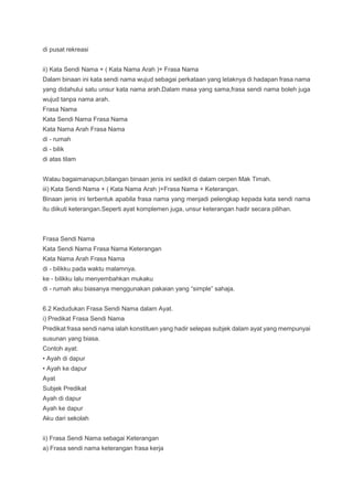 di pusat rekreasi
ii) Kata Sendi Nama + ( Kata Nama Arah )+ Frasa Nama
Dalam binaan ini kata sendi nama wujud sebagai perkataan yang letaknya di hadapan frasa nama
yang didahului satu unsur kata nama arah.Dalam masa yang sama,frasa sendi nama boleh juga
wujud tanpa nama arah.
Frasa Nama
Kata Sendi Nama Frasa Nama
Kata Nama Arah Frasa Nama
di - rumah
di - bilik
di atas tilam
Walau bagaimanapun,bilangan binaan jenis ini sedikit di dalam cerpen Mak Timah.
iii) Kata Sendi Nama + ( Kata Nama Arah )+Frasa Nama + Keterangan.
Binaan jenis ini terbentuk apabila frasa nama yang menjadi pelengkap kepada kata sendi nama
itu diikuti keterangan.Seperti ayat komplemen juga, unsur keterangan hadir secara pilihan.
Frasa Sendi Nama
Kata Sendi Nama Frasa Nama Keterangan
Kata Nama Arah Frasa Nama
di - bilikku pada waktu malamnya.
ke - bilikku lalu menyembahkan mukaku
di - rumah aku biasanya menggunakan pakaian yang “simple” sahaja.
6.2 Kedudukan Frasa Sendi Nama dalam Ayat.
i) Predikat Frasa Sendi Nama
Predikat frasa sendi nama ialah konstituen yang hadir selepas subjek dalam ayat yang mempunyai
susunan yang biasa.
Contoh ayat:
• Ayah di dapur
• Ayah ke dapur
Ayat
Subjek Predikat
Ayah di dapur
Ayah ke dapur
Aku dari sekolah
ii) Frasa Sendi Nama sebagai Keterangan
a) Frasa sendi nama keterangan frasa kerja
 