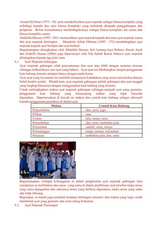 Asmah Hj Omar (1973 : 58) pula mendefinisikan ayat majmuk sebagai klausa kompleks yang
terbahagi kepada dua iaitu klausa kompleks yang terbentuk daripada penggabungan dan
pelapisan. Beliau kemudiannya membahagikannya sebagai klausa kompleks tak setara dan
klausa kompleks setara.
Abdullah Hassan (1993 : 201) memecahkan ayat majmuk kepada dua iaitu ayat majmuk setara
dan ayat majmuk bertingkat. Manakala Arbak Othman (1989 : 172) membahagikan ayat
majmuk kepada ayat berlapis dan ayat berkait.
Bagaimanapun diringkaskan oleh Abdullah Hassan, Seri Lanang Jaya Rohani, Razali Ayob
dan Zulkifli Osman (2006) juga dipersetujui oleh Nik Safiah Karim bahawa ayat majmuk
dibahagikan kepada tiga jenis iaitu
6.1. Ayat Majmuk Gabungan
Ayat majmuk gabungan ialah pencantuman dua ayat atau lebih dengan susunan tertentu
sehingga terbentuknya satu ayat yang baharu. Ayat-ayat ini dihubungkan dengan penggunaan
kata hubung tertuntu ataupun hanya dengan tanda koma.
Ayat-ayat yang tercantum itu mestilah mempunyai kedudukan yang setara iaitu kedua-duanya
boleh berdiri sendiri. Mudah kata, ayat majmuk gabungan adalah gabungan dua ayat tunggal
yang lengkap klausanya dengan menggunakan kata hubung yang tertentu.
Untuk melengkapkan makna ayat majmuk gabungan sehingga menjadi ayat yang gramatis,
penggunaan kata hubung yang menjunjung makna yang tepat haruslah
digunakan. Diperturunkan di bawah ini makna dan contoh kata hubung sebagai alternatif
kepada penggunaan parataksis di dalam ayat.
Makna Contoh Kata Hubung
Penjumlahan …dan, serta, juga,
Pilihan …atau
Urutan …lalu, lantas, terus
Penambahan …dan, serta, tambahan pula
Penyertaan …sambil, serta, seraya
Pertentangan …tetapi, namun, melainkan
Peluasan …tambahan pula, dan, serta
Bagaimanapun, terdapat kelonggaran di dalam penghasilan ayat majmuk gabungan iaitu
seandainya ia melibatkan dua unsur yang sama di dalam pembinaan ayat tersebut maka unsur
yang sama digugurkan dan sekiranya unsur yang berbeza digunakan, maka unsur yang sedia
ada tidak dibuang.
Begitupun, ia masih juga tertakluk keadaan hubungan semantic dan makna yang logic untuk
membetuk ayat yang gramatis dan serta saling berkaitan.
6.2. Ayat Majmuk Pancangan
 