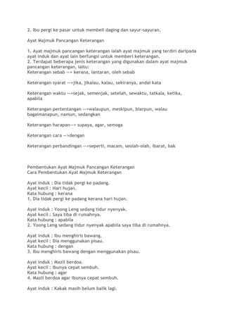2. Ibu pergi ke pasar untuk membeli daging dan sayur-sayuran.
Ayat Majmuk Pancangan Keterangan
1. Ayat majmuk pancangan keterangan ialah ayat majmuk yang terdiri daripada
ayat induk dan ayat lain berfungsi untuk memberi keterangan.
2. Terdapat beberapa jenis keterangan yang digunakan dalam ayat majmuk
pancangan keterangan, iaitu:
Keterangan sebab --> kerana, lantaran, oleh sebab
Keterangan syarat -->jika, jikalau, kalau, sekiranya, andai kata
Keterangan waktu -->sejak, semenjak, setelah, sewaktu, tatkala, ketika,
apabila
Keterangan pertentangan -->walaupun, meskipun, biarpun, walau
bagaimanapun, namun, sedangkan
Keterangan harapan--> supaya, agar, semoga
Keterangan cara -->dengan
Keterangan perbandingan -->seperti, macam, seolah-olah, ibarat, bak
Pembentukan Ayat Majmuk Pancangan Keterangan
Cara Pembentukan Ayat Majmuk Keterangan
Ayat induk : Dia tidak pergi ke padang.
Ayat kecil : Hari hujan.
Kata hubung : kerana
1. Dia tidak pergi ke padang kerana hari hujan.
Ayat induk : Yoong Leng sedang tidur nyenyak.
Ayat kecil : Saya tiba di rumahnya.
Kata hubung : apabila
2. Yoong Leng sedang tidur nyenyak apabila saya tiba di rumahnya.
Ayat induk : Ibu menghiris bawang.
Ayat kecil : Dia menggunakan pisau.
Kata hubung : dengan
3. Ibu menghiris bawang dengan menggunakan pisau.
Ayat induk : Mazli berdoa.
Ayat kecil : Ibunya cepat sembuh.
Kata hubung : agar
4. Mazli berdoa agar ibunya cepat sembuh.
Ayat induk : Kakak masih belum balik lagi.
 