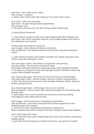 Ayat kecil : Hari sudah lewat malam.
Kata hubung : walaupun
5. Kakak masih belum balik lagi walaupun hari sudah lewat malam.
Ayat induk : Adik rajin berusaha.
Ayat kecil : Dia akan berjaya dalam peperiksaan.
Kata hubung : jika
6. Jika adik rajin berusaha, dia akan berjaya dalam peperiksaan.
(c) Ayat Majmuk Campuran
1. Ayat majmuk campuran ialah ayat yang mengandungi lebih daripada satu
jenis ayat, iaitu terdiri daripada campuran ayat tunggal dengan ayat majmuk
atau beberapa ayat majmuk.
Pembentukan Ayat Majmuk Campuran
Ayat tunggal : Ayah sedang membaca surat khabar.
Ayat komplemen : Ibu sedang memasak untuk tetamu yang akan datang ke
rumah.
1. Ayah sedang membaca surat khabar manakala ibu sedang memasak untuk
tetamu yang akan datang ke rumah.
Ayat pancangan relatif : Persekitaran yang bersih amat penting.
Ayat pancangan : Persekitaran yang bersih dapat
keterangan menjamin kesihatan seseorang supaya tidak dijangkiti penyakit.
2. Persekitaran yang bersih amat penting bagi menjamin kesihatan seseorang
supaya tidak dijangkiti penyakit.
Ayat majmuk gabungan : Bee Choo dan kawan-kawannya masih berdegil.
Ayat pancangan relatif : Mereka ditegur oleh guru disiplin yang garang itu.
3. Bee Choo dan kawan-kawannya masih berdegil meskipun ditegur oleh guru
disiplin yang garang itu.
Ayat majmuk gabungan : Adik bangun lalu turun ke serambi.
Ayat komplemen : Kawan-kawan adik sedang menunggunya untuk pergi pergi
bermain bola.
4. Adik bangun lalu turun ke serambi kerana kawan-kawannya sedang
menunggunya untuk pergi bermain bola.
Ayat tunggal : Murid-murid rajin mengulang kaji pelajaran.
Ayat komplemen : Guru Besar mengumumkan bahawa peperiksaan akan
diadakan pada bulan hadapan.
5. Murid-murid rajin mengulang kaji pelajaran setelah Guru
Besar mengumumkan bahawa peperiksaan akan diadakan pada bulan hadapan.
AYAT AKTIF DAN AYAT PASIF
1. Ayat aktif ialah ayat yang mengandungi kata kerja yang memberi penekanan
kepada subjek.
2. Ayat aktif terdiri daripada ayat aktif transitif dan ayat aktif tak transitif.
 