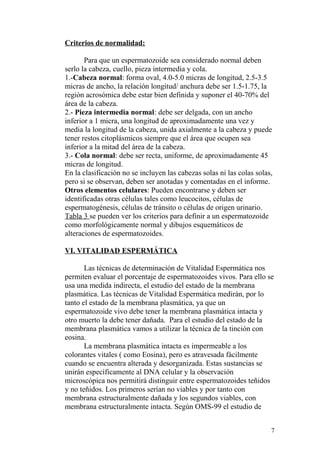 Criterios de normalidad:
Para que un espermatozoide sea considerado normal deben
serlo la cabeza, cuello, pieza intermedia y cola.
1.-Cabeza normal: forma oval, 4.0-5.0 micras de longitud, 2.5-3.5
micras de ancho, la relación longitud/ anchura debe ser 1.5-1.75, la
región acrosómica debe estar bien definida y suponer el 40-70% del
área de la cabeza.
2.- Pieza intermedia normal: debe ser delgada, con un ancho
inferior a 1 micra, una longitud de aproximadamente una vez y
media la longitud de la cabeza, unida axialmente a la cabeza y puede
tener restos citoplásmicos siempre que el área que ocupen sea
inferior a la mitad del área de la cabeza.
3.- Cola normal: debe ser recta, uniforme, de aproximadamente 45
micras de longitud.
En la clasificación no se incluyen las cabezas solas ni las colas solas,
pero si se observan, deben ser anotadas y comentadas en el informe.
Otros elementos celulares: Pueden encontrarse y deben ser
identificadas otras células tales como leucocitos, células de
espermatogénesis, células de tránsito o células de origen urinario.
Tabla 3 se pueden ver los criterios para definir a un espermatozoide
como morfológicamente normal y dibujos esquemáticos de
alteraciones de espermatozoides.
VI. VITALIDAD ESPERMÁTICA
Las técnicas de determinación de Vitalidad Espermática nos
permiten evaluar el porcentaje de espermatozoides vivos. Para ello se
usa una medida indirecta, el estudio del estado de la membrana
plasmática. Las técnicas de Vitalidad Espermática medirán, por lo
tanto el estado de la membrana plasmática, ya que un
espermatozoide vivo debe tener la membrana plasmática intacta y
otro muerto la debe tener dañada. Para el estudio del estado de la
membrana plasmática vamos a utilizar la técnica de la tinción con
eosina.
La membrana plasmática intacta es impermeable a los
colorantes vitales ( como Eosina), pero es atravesada fácilmente
cuando se encuentra alterada y desorganizada. Estas sustancias se
unirán específicamente al DNA celular y la observación
microscópica nos permitirá distinguir entre espermatozoides teñidos
y no teñidos. Los primeros serían no viables y por tanto con
membrana estructuralmente dañada y los segundos viables, con
membrana estructuralmente intacta. Según OMS-99 el estudio de
7
 