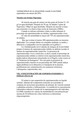 vitalidad debería de ser desarrollado cuando la movilidad
espermática sea menor del 50%.
Tinción con Eosina-Nigrosina:
Se mezcla una gota de semen con dos gotas de Eosina Y ( 10
g/l en agua destilada). Después de 30 seg. Se añaden 3 gotas de
Nigrosina ( 100g/l en agua destilada). Después de mezclar se hace
una extensión y se observa bajo aceite de inmersión (1000x).
Cuando se utilizan colorantes vitales se debe informar el
porcentaje de espermatozoides no teñidos, espermatozoides vivos.
El valor de normalidad es mayor del 75% de espermatozoides
no teñidos.
Hay que evaluar al menos 200 espermatozoides en muestras
duplicadas. Los contajes deben ser cotejados mediante su media y
diferencia y comparados con los esperados en la gráfica 1.
La vitalidad puede servir además de chequeo de la movilidad
porque el número de espermatozoides teñidos no debería exceder el
número de espermatozoides inmóviles. La presencia de
espermatozoides vivos e inmóviles, es decir cuando el porcentaje de
espermatozoides teñidos es inferior al de espermatozoides inmóviles,
podría indicar alteraciones estructurales en el flagelo, como ocurre en
el “Síndrome de Kartagener”. Por otra parte la presencia de
espermatozoides muertos en un porcentaje del 100% puede indicar
algún problema en la obtención y/o transporte de la muestra,
posiblemente por contaminación con sustancias citotóxicas
( detergentes, espermicidas, etc).
VII.- CONCENTRACIÓN DE ESPERMATOZOIDES Y
OTRAS CÉLULAS
El semen es una suspensión de espermatozoides en liquido
seminal. Además del componente testicular un eyaculado se
compone de secreciones procedentes de próstata, de vesícula seminal
y glándulas uretrales y bulbouretrales. La medida de la concentración
espermática indicará el estado de la espermatogenesis del individuo.
La OMS considera los valores de normalidad de concentración por
encima de 20 millones/ml, cifras inferiores se denominan
oligozoospermia.
8
 