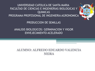UNIVERSIDAD CATOLICA DE SANTA MARIA
FACULTAD DE CIENCIAS E INGENIERIAS BIOLOGICAS Y
QUIMICAS
PROGRAMA PROFESIONAL DE INGENIERIA AGRONOMICA
PRODUCCION DE SEMILLAS
ANALISIS BIOLOGICOS: GERMINACION Y VIGOR
ENVEJECIMIENTO ACELERADO
ALUMNO: ALFREDO EDUARDO VALENCIA
NEIRA
 