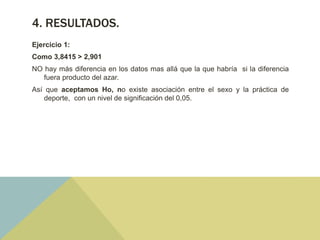 4. RESULTADOS.
Ejercicio 1:
Como 3,8415 > 2,901
NO hay más diferencia en los datos mas allá que la que habría si la diferencia
fuera producto del azar.
Así que aceptamos Ho, no existe asociación entre el sexo y la práctica de
deporte, con un nivel de significación del 0,05.
 