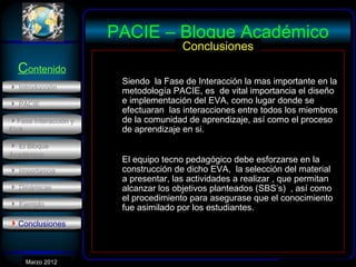 PACIE – Bloque Académico
                                      Conclusiones
  Contenido
                       Siendo la Fase de Interacción la mas importante en la
 Introducción
                       metodología PACIE, es de vital importancia el diseño
 PACIE                e implementación del EVA, como lugar donde se
                       efectuaran las interacciones entre todos los miembros
Fase Interacción y    de la comunidad de aprendizaje, así como el proceso
EVA                    de aprendizaje en si.
 El Bloque
Académico
                       El equipo tecno pedagógico debe esforzarse en la
 Importancia          construcción de dicho EVA, la selección del material
                       a presentar, las actividades a realizar , que permitan
 Dinámicas            alcanzar los objetivos planteados (SBS’s) , así como
                       el procedimiento para asegurase que el conocimiento
 Ejemplo
                       fue asimilado por los estudiantes.
Conclusiones



      Marzo 2012
       Enero 2007
 