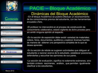 PACIE – Bloque Académico
                          Dinámicas del Bloque Académico
                      - En el bloque Académico se pudiera efectuar un reconocimiento
  Contenido           de los conocimientos previos del estudiante, con las herramientas
                      encuesta o foro.
 Introducción

 PACIE               -El profesor no intervendrá en el proceso de construcción de
                      conocimiento colaborativo, estará vigilante de dicho proceso pero
Fase Interacción y   sin emitir ninguna opinión al respecto.
EVA
                      -En la sección de exposición debe existir variedad de materiales:
 El Bloque           videos, foros, documentos, audilibros y explorar diversas fuentes
Académico
                      de manera de obtener una perspectiva completa de lo que se
 Importancia         desea aprender.

                      -En la sección de rebote se sugieren actividades que obliguen al
 Dinámicas           estudiante a razonar acerca de lo estudiado, establecer posiciones,
 Ejemplo             defenderlas y escuchar las opiniones de sus pares.

 Conclusiones
                      -La sección de evaluación, significa no solamente exámenes, sino
                      también síntesis resúmenes, análisis , que permiten igualmente
                      clasificar a los estudiantes.

   Marzo 2012
      Enero 2007
 