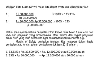 Dengan data Clom Giriwil maka kita dapat nyatakan sebagai berikut
1. Rp 50.000.000 x 100% = 133,33%
Rp 37.500.000
2. Rp 50.000.000-Rp 37.500.000 x 100% = 25%
Rp 50.000.000
Hal ini menunjukan bahwa penjualan Clom Giriwil tidak boleh turun lebih dari
25% dari penjualan yang direncanakan, atau 33,33% dari tingkat penjualan
break even yang telah ditentukan agar perusahaan tidak menderita rugi.
Margin of Safety penjualan tersebut kita nyatakan dalam hasip
penjualan atau jumlah satuan penjualan untuk taun 2013 adalah :
1. 33,33% x Rp. 37.500.000 = Rp. 12.500.000 atau 50.000 satuan
2. 25% x Rp 50.000.000 = Rp. 12.500.000 atau 50.000 satuan
 