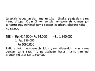 Langkah kedua adalah menentukan tingka penjualan yang
harus dicapai Clom Giriwil untuk memperoleh keuntungan
tertentu atau minimal sama dengan keadaan sekarang yaitu
Rp 54.000
TBE = Rp. 414.000+ Rp 54.000 =Rp 1.300.000
1- Rp. 640.000
Rp 1000.000
Jadi, untuk memperoleh laba yang diperoleh agar sama
dengan yang saat ini, perusahaan harus mamu menjual
produk sebesar Rp. 1.300.000
 