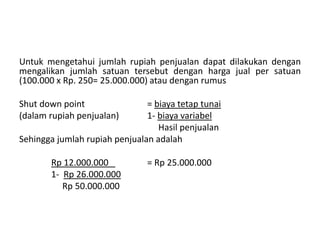 Untuk mengetahui jumlah rupiah penjualan dapat dilakukan dengan
mengalikan jumlah satuan tersebut dengan harga jual per satuan
(100.000 x Rp. 250= 25.000.000) atau dengan rumus
Shut down point = biaya tetap tunai
(dalam rupiah penjualan) 1- biaya variabel
Hasil penjualan
Sehingga jumlah rupiah penjualan adalah
Rp 12.000.000 = Rp 25.000.000
1- Rp 26.000.000
Rp 50.000.000
 
