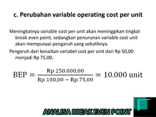 c. Perubahan variable operating cost per unit
Meningkatnya variable cost per unit akan meninggikan tingkat
break even point, sedangkan penurunan variable cost unit
akan mempunyai pengaruh yang sebaliknya.
Pengaruh dari kenaikan variabel cost per unit dari Rp 50,00
menjadi Rp 75,00.
 