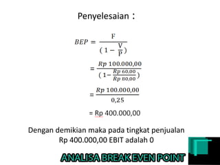 Penyelesaian :
Dengan demikian maka pada tingkat penjualan
Rp 400.000,00 EBIT adalah 0
 